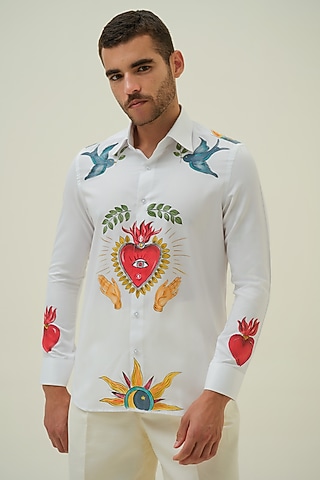 White Cotton Handpainted Shirt by Amrit Dawani