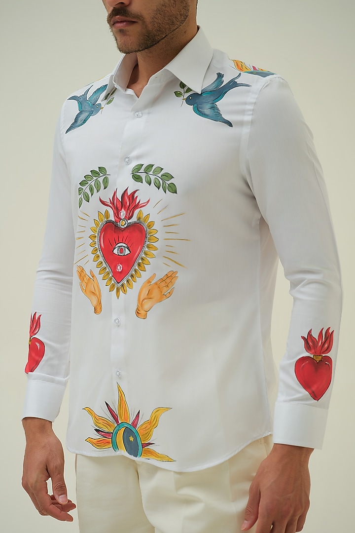 White Cotton Handpainted Party Wear Shirt by Amrit Dawani at Pernia's Pop Up Shop