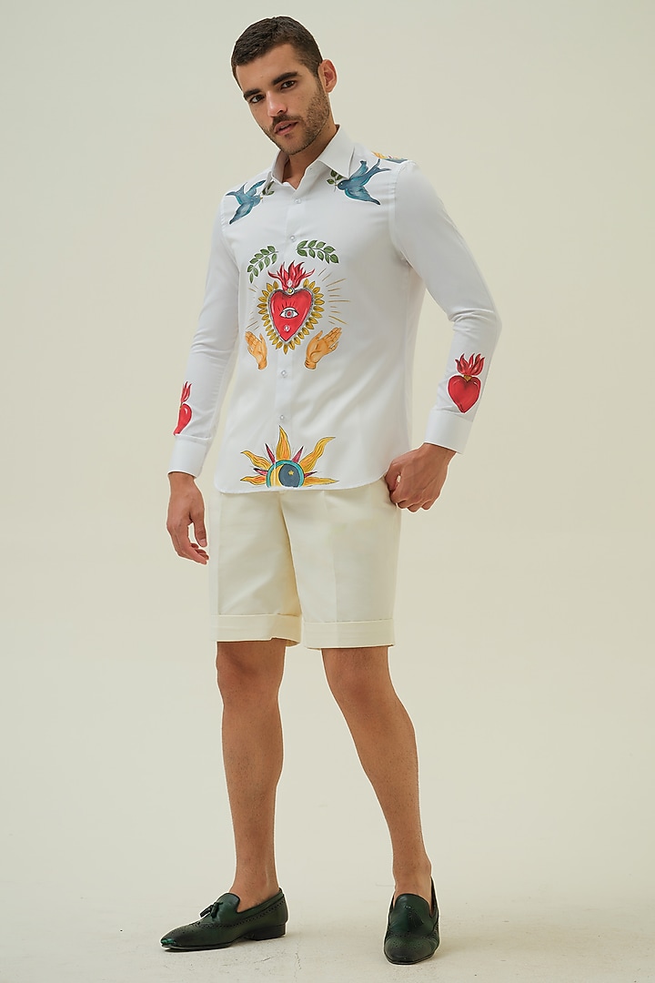 White Cotton Handpainted Party Wear Shirt by Amrit Dawani at Pernia's Pop Up Shop