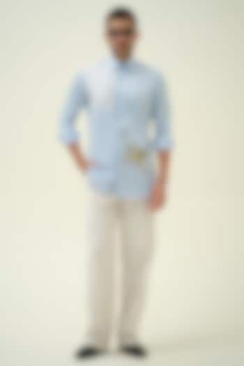Blue Cotton Abstract Applique & Handpainted Shirt by Amrit Dawani