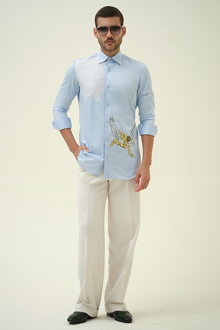 Blue Cotton Abstract Applique & Handpainted Shirt by Amrit Dawani