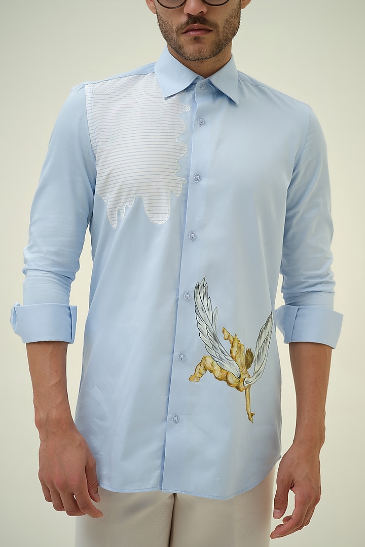 Blue Cotton Abstract Applique & Handpainted Party Wear Shirt by Amrit Dawani at Pernia's Pop Up Shop