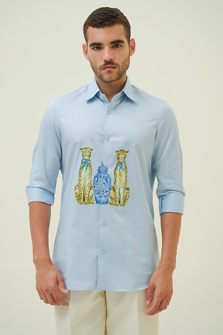 Blue Cotton Handpainted Shirt by Amrit Dawani