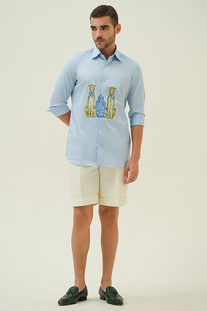 Blue Cotton Handpainted Party Wear Shirt by Amrit Dawani at Pernia's Pop Up Shop