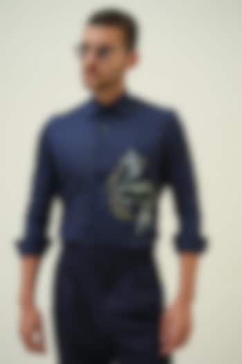 Dark Blue Cotton Handpainted Shirt by Amrit Dawani