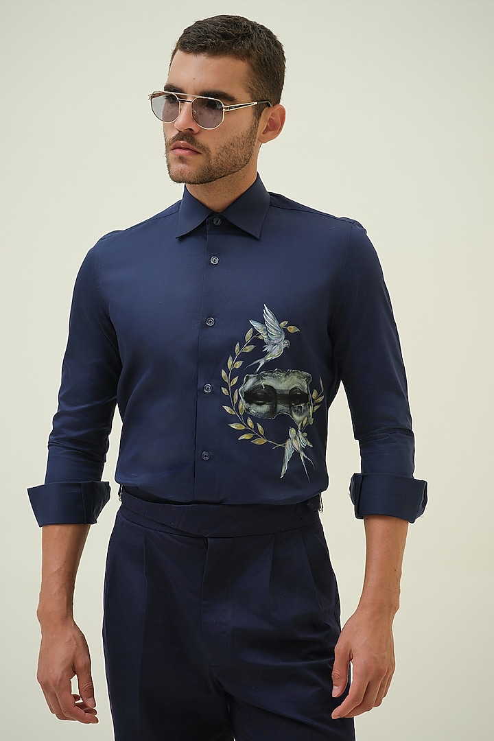Dark Blue Cotton Handpainted Shirt by Amrit Dawani