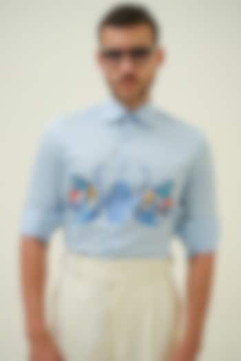 Blue Cotton Handpainted Shirt by Amrit Dawani