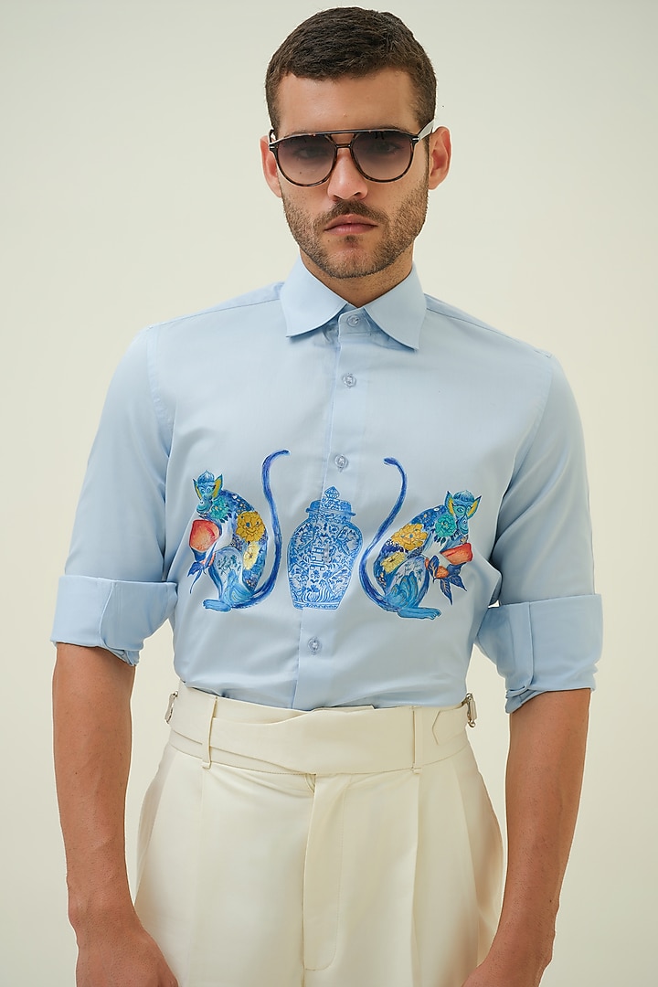 Blue Cotton Handpainted Shirt by Amrit Dawani