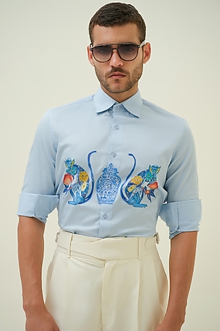 Blue Cotton Handpainted Shirt by Amrit Dawani