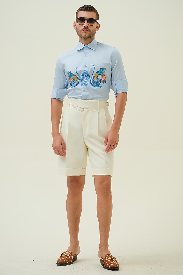 Blue Cotton Handpainted Party Wear Shirt by Amrit Dawani at Pernia's Pop Up Shop