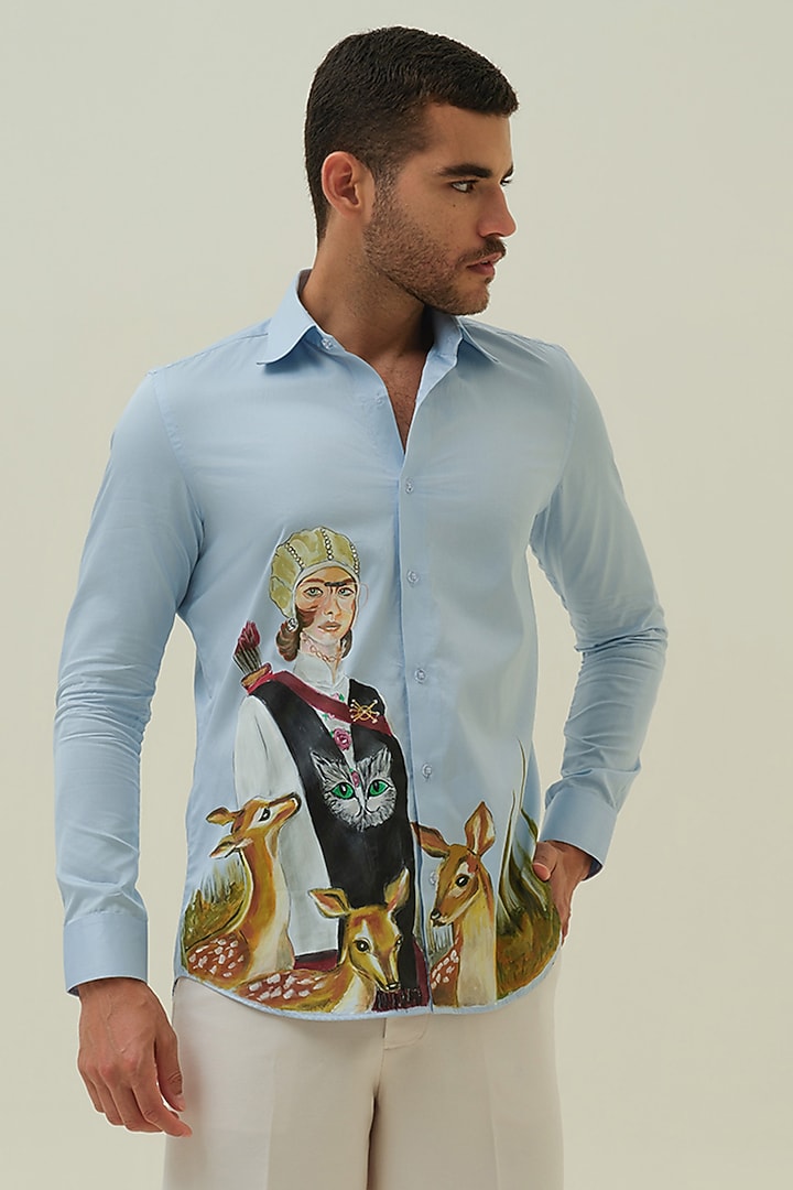 Blue Cotton Deer Motif & Handpainted Shirt by Amrit Dawani