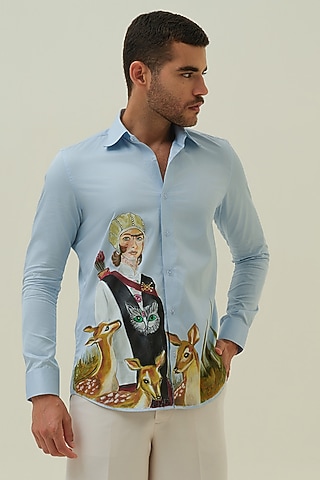 Blue Cotton Deer Motif & Handpainted Shirt by Amrit Dawani