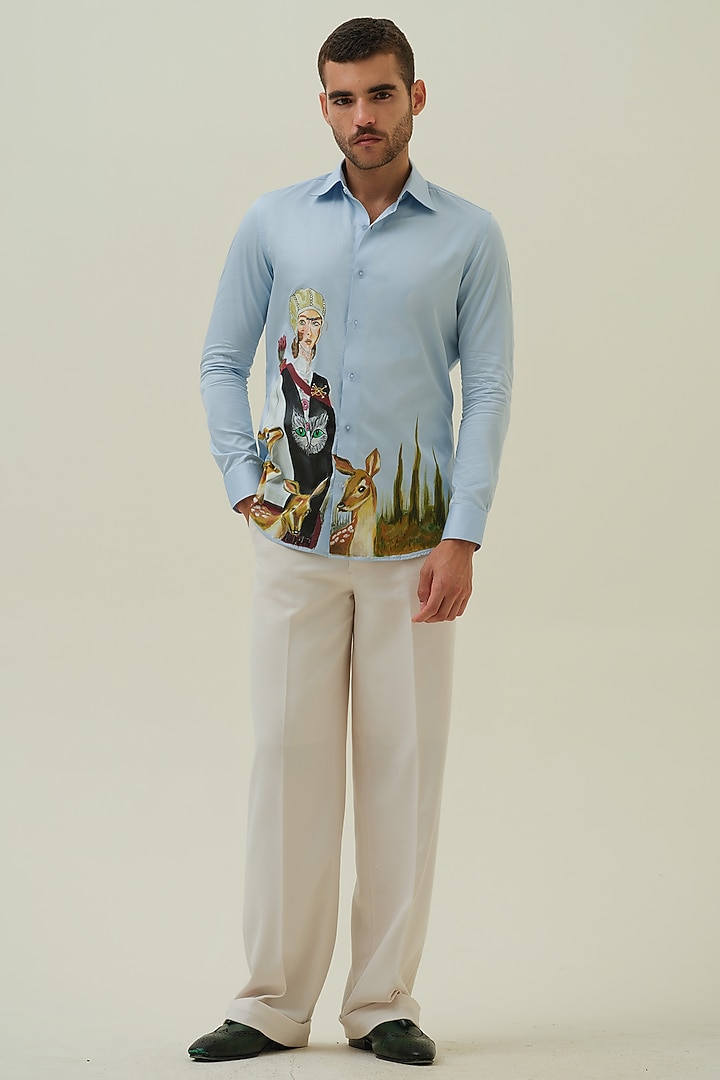 Blue Cotton Deer Motif & Handpainted Party Wear Shirt by Amrit Dawani at Pernia's Pop Up Shop