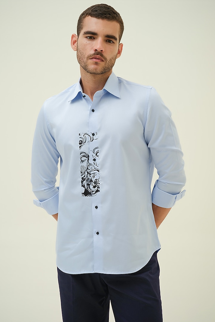 Blue Cotton Embroidered Shirt by Amrit Dawani