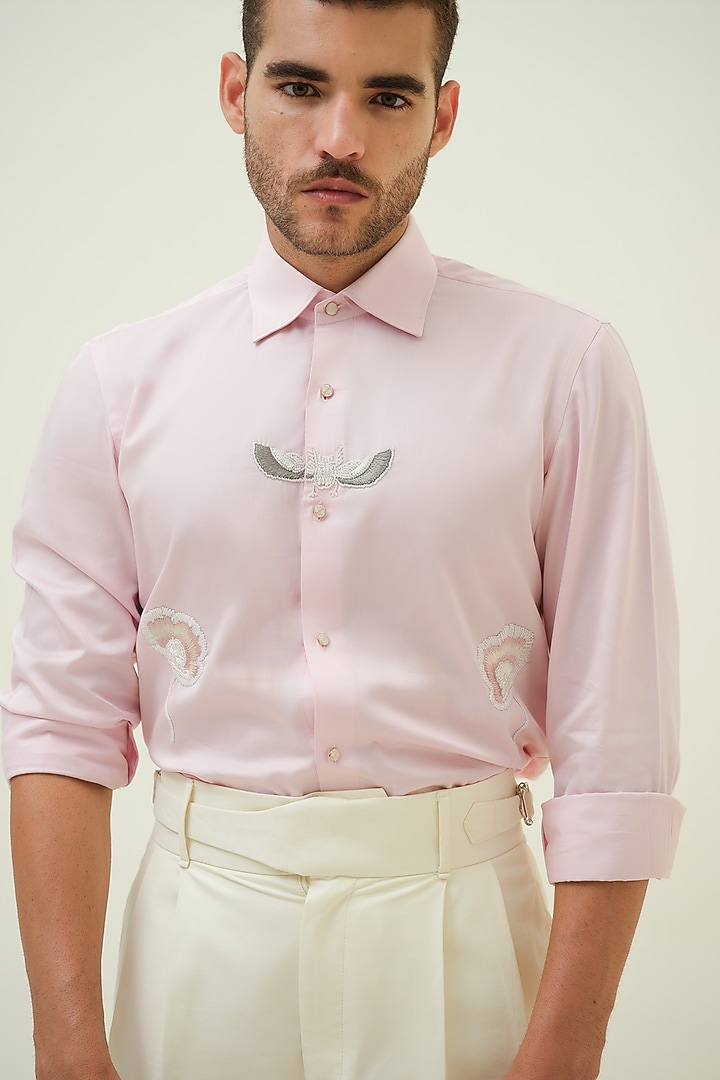 Soft Pink Cotton Hand Embroidered Shirt by Amrit Dawani