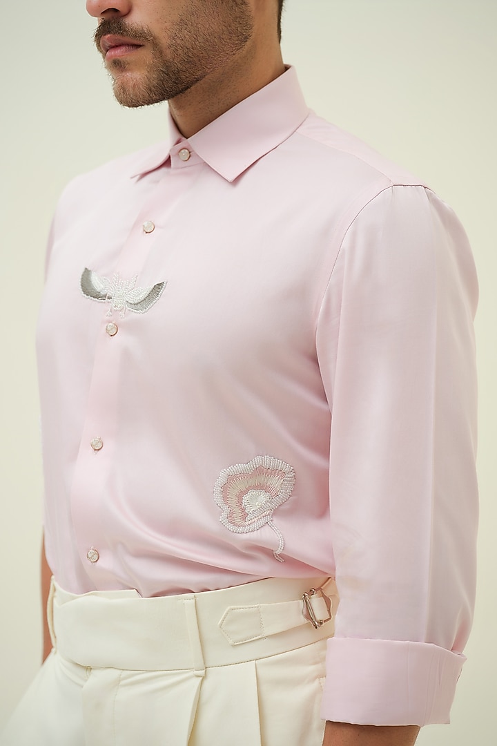 Soft Pink Cotton Hand Embroidered Party Wear Shirt by Amrit Dawani at Pernia's Pop Up Shop