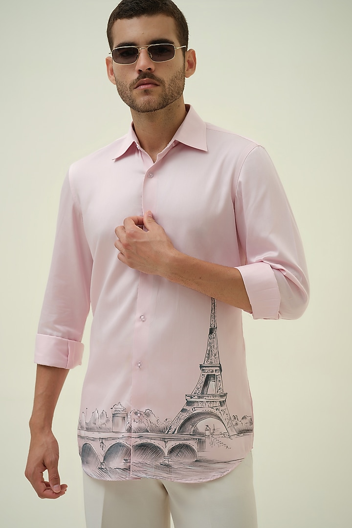 Soft Pink Cotton Handpainted Shirt by Amrit Dawani