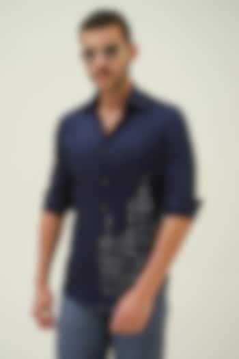 Dark Blue Cotton Kantha Stitch Embroidered Shirt by Amrit Dawani