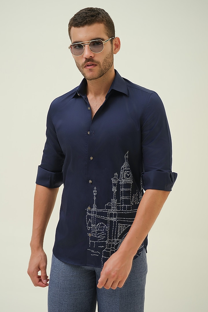 Dark Blue Cotton Kantha Stitch Embroidered Shirt by Amrit Dawani