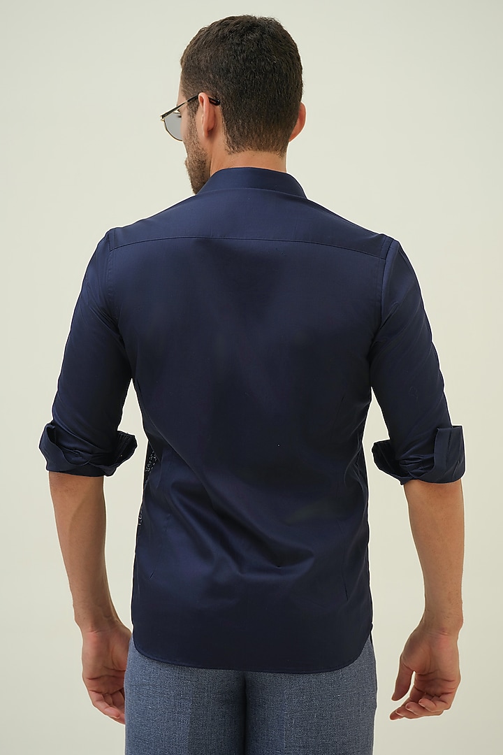 Dark Blue Cotton Kantha Stitch Embroidered Party Wear Shirt by Amrit Dawani at Pernia's Pop Up Shop