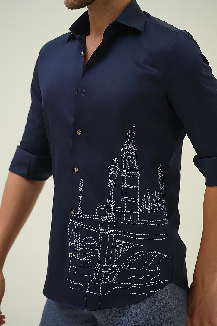 Dark Blue Cotton Kantha Stitch Embroidered Party Wear Shirt by Amrit Dawani at Pernia's Pop Up Shop
