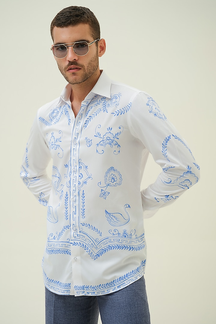 White Cotton Abstract Handpainted Shirt by Amrit Dawani