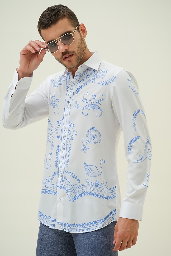 White Cotton Abstract Handpainted Party Wear Shirt by Amrit Dawani at Pernia's Pop Up Shop