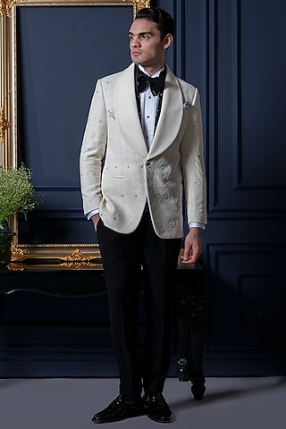 Ivory Velvet Bead Work Tuxedo Set by Amrit Dawani