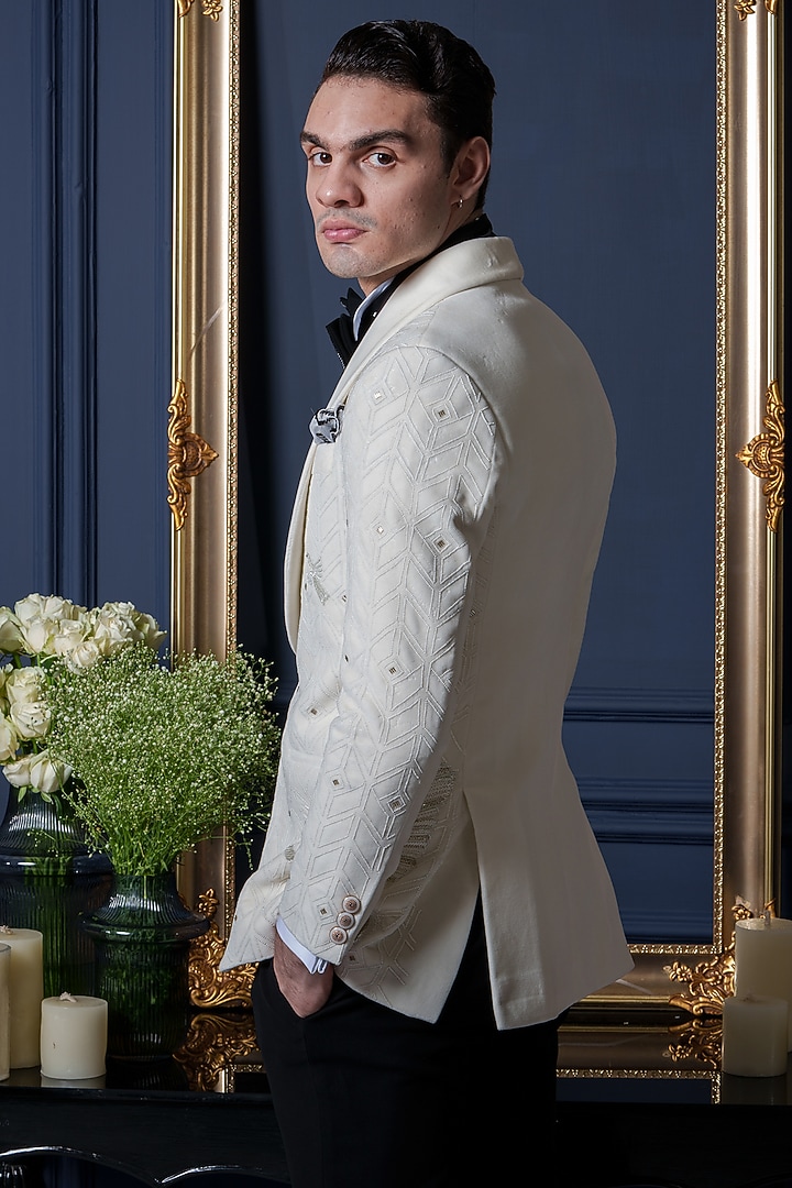 Ivory Velvet Bead Work Tuxedo Set by Amrit Dawani at Pernia's Pop Up Shop