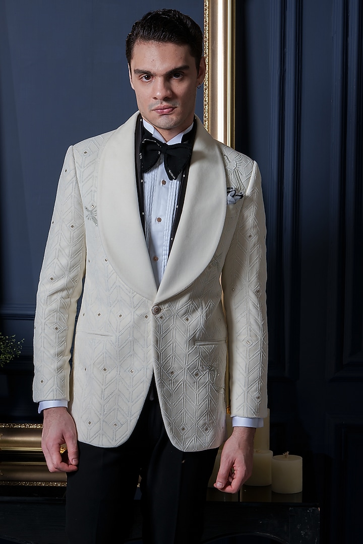 Ivory Velvet Bead Work Tuxedo Set by Amrit Dawani at Pernia's Pop Up Shop