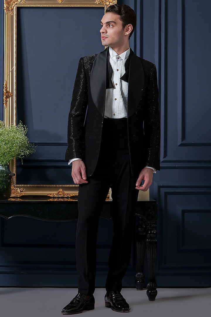 Black Japanese Polyester Embroidered Tuxedo Set by Amrit Dawani at Pernia's Pop Up Shop