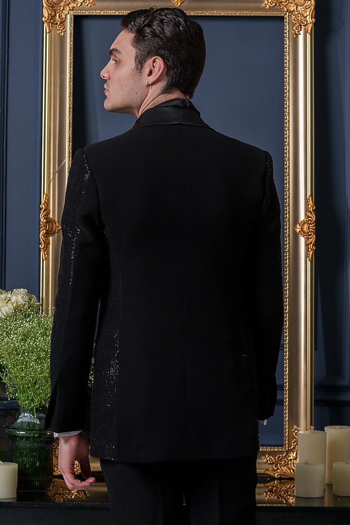 Black Japanese Polyester Embroidered Tuxedo Set by Amrit Dawani at Pernia's Pop Up Shop
