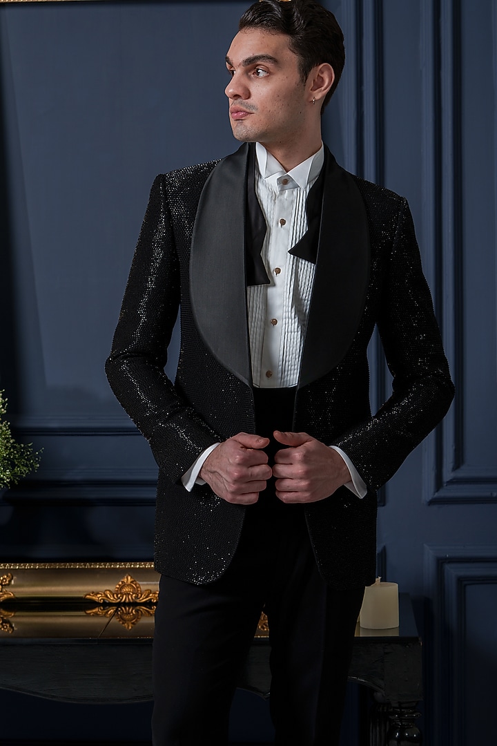 Black Japanese Polyester Embroidered Tuxedo Set by Amrit Dawani at Pernia's Pop Up Shop