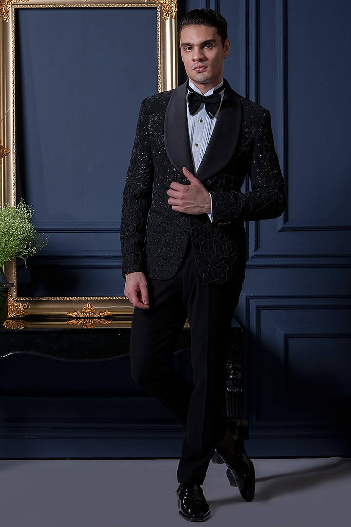 Black Japanese Polyester Zari Work Tuxedo Set by Amrit Dawani at Pernia's Pop Up Shop