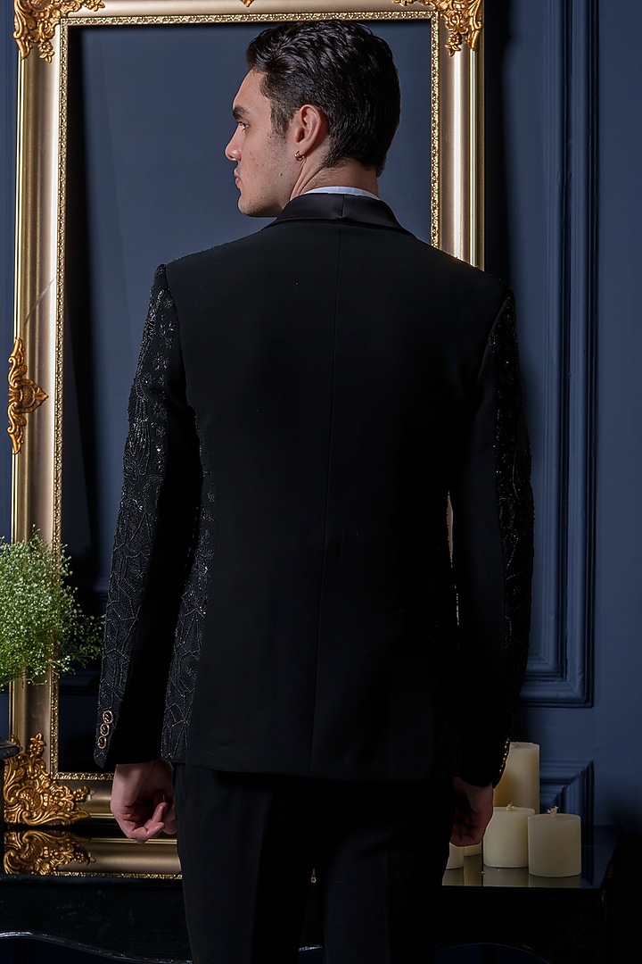 Black Japanese Polyester Zari Work Tuxedo Set by Amrit Dawani at Pernia's Pop Up Shop