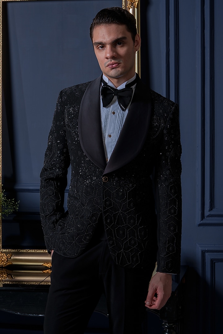 Black Japanese Polyester Zari Work Tuxedo Set by Amrit Dawani at Pernia's Pop Up Shop