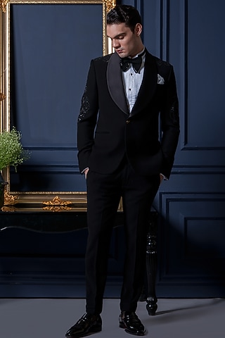 Black Japanese Polyester Zari Work Tuxedo Set by Amrit Dawani