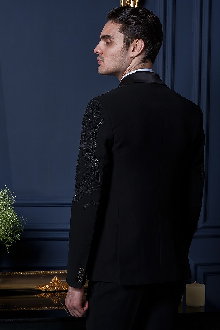 Black Japanese Polyester Zari Work Tuxedo Set by Amrit Dawani at Pernia's Pop Up Shop