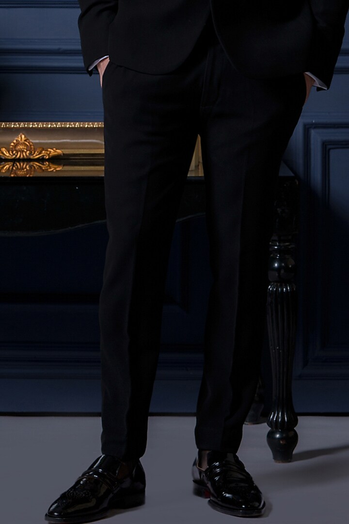 Black Japanese Polyester Zari Work Tuxedo Set by Amrit Dawani at Pernia's Pop Up Shop