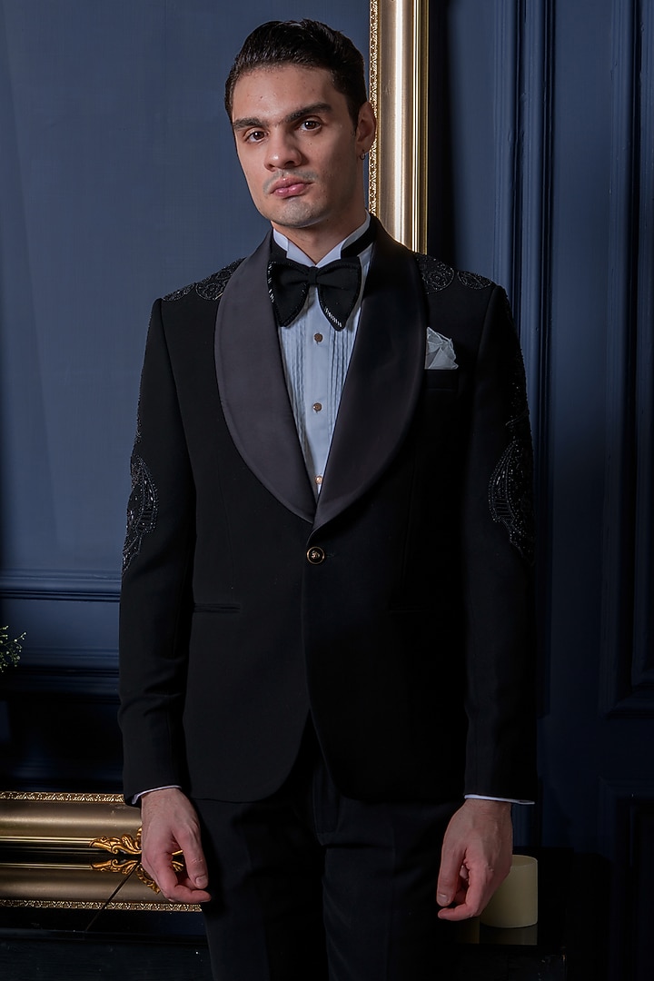 Black Japanese Polyester Zari Work Tuxedo Set by Amrit Dawani at Pernia's Pop Up Shop