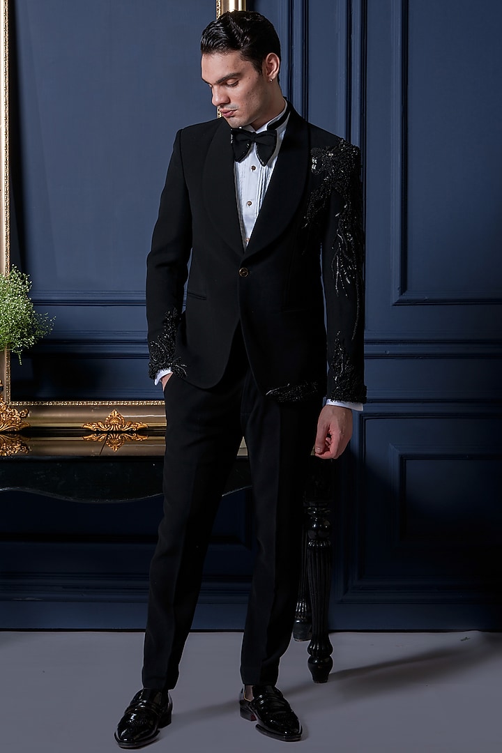 Black Japanese Polyester Zari Work Tuxedo Set by Amrit Dawani