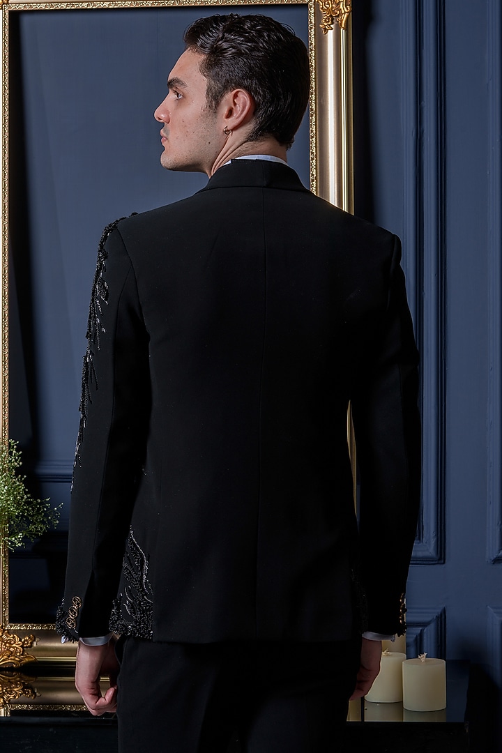 Black Japanese Polyester Zari Work Tuxedo Set by Amrit Dawani at Pernia's Pop Up Shop