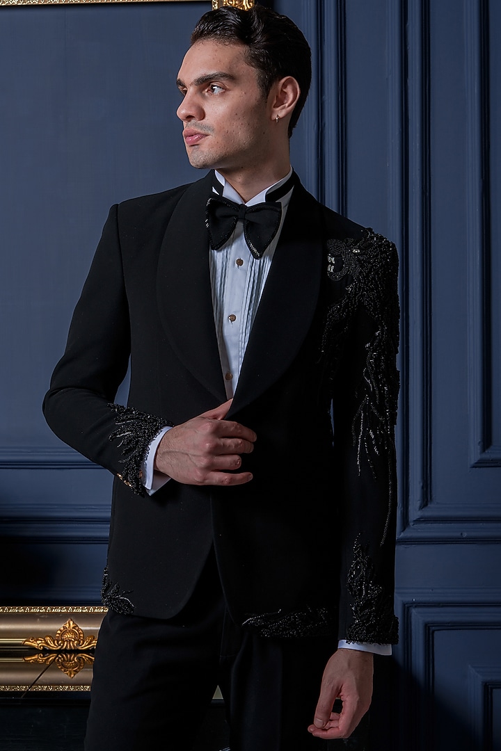 Black Japanese Polyester Zari Work Tuxedo Set by Amrit Dawani at Pernia's Pop Up Shop