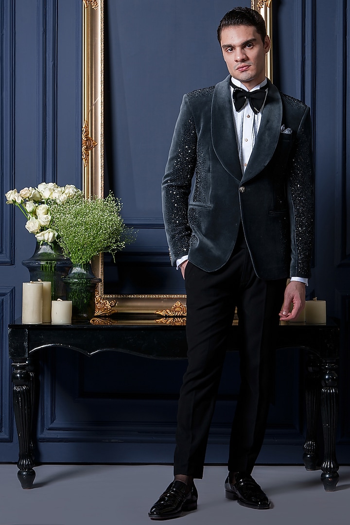 Grey Velvet Sequins Work Tuxedo Set by Amrit Dawani at Pernia's Pop Up Shop