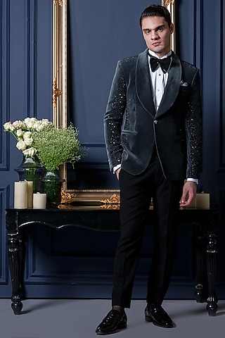 Grey Velvet Sequins Work Tuxedo Set by Amrit Dawani