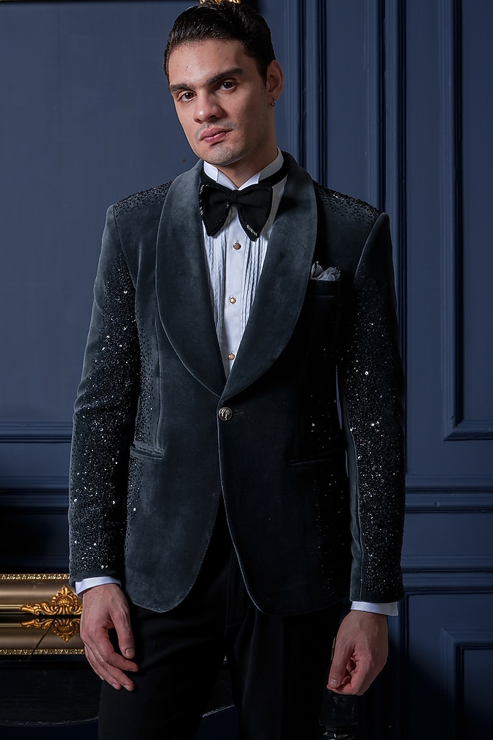 Grey Velvet Sequins Work Tuxedo Set by Amrit Dawani at Pernia's Pop Up Shop