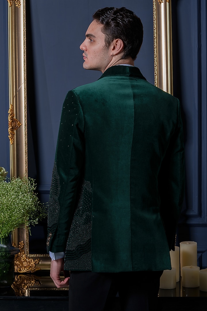 Emerald Green Velvet Bead Work Tuxedo Set by Amrit Dawani at Pernia's Pop Up Shop