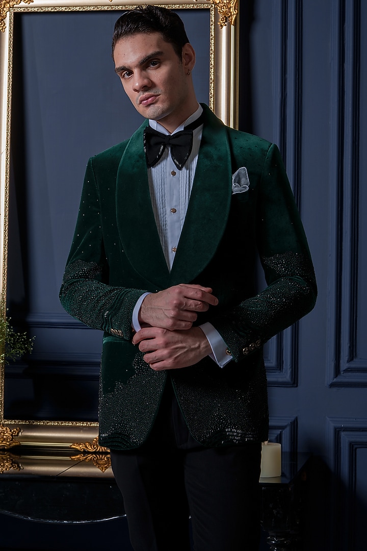 Emerald Green Velvet Bead Work Tuxedo Set by Amrit Dawani at Pernia's Pop Up Shop