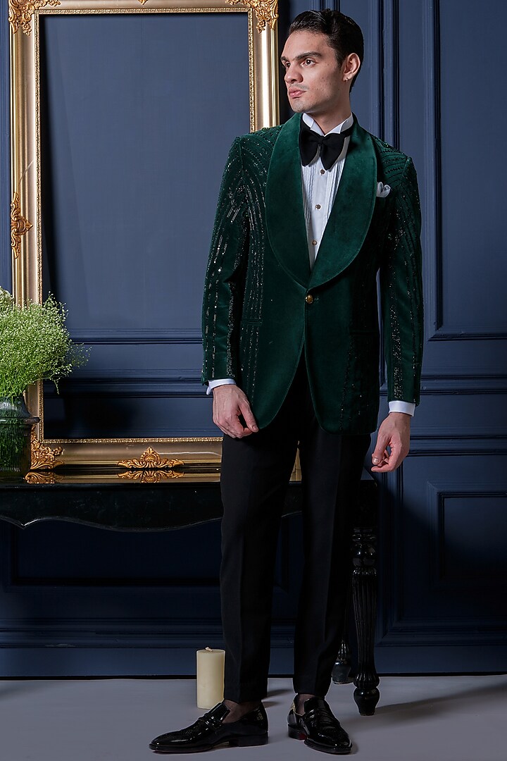 Emerald Green Velvet Bead Work Tuxedo Set by Amrit Dawani at Pernia's Pop Up Shop