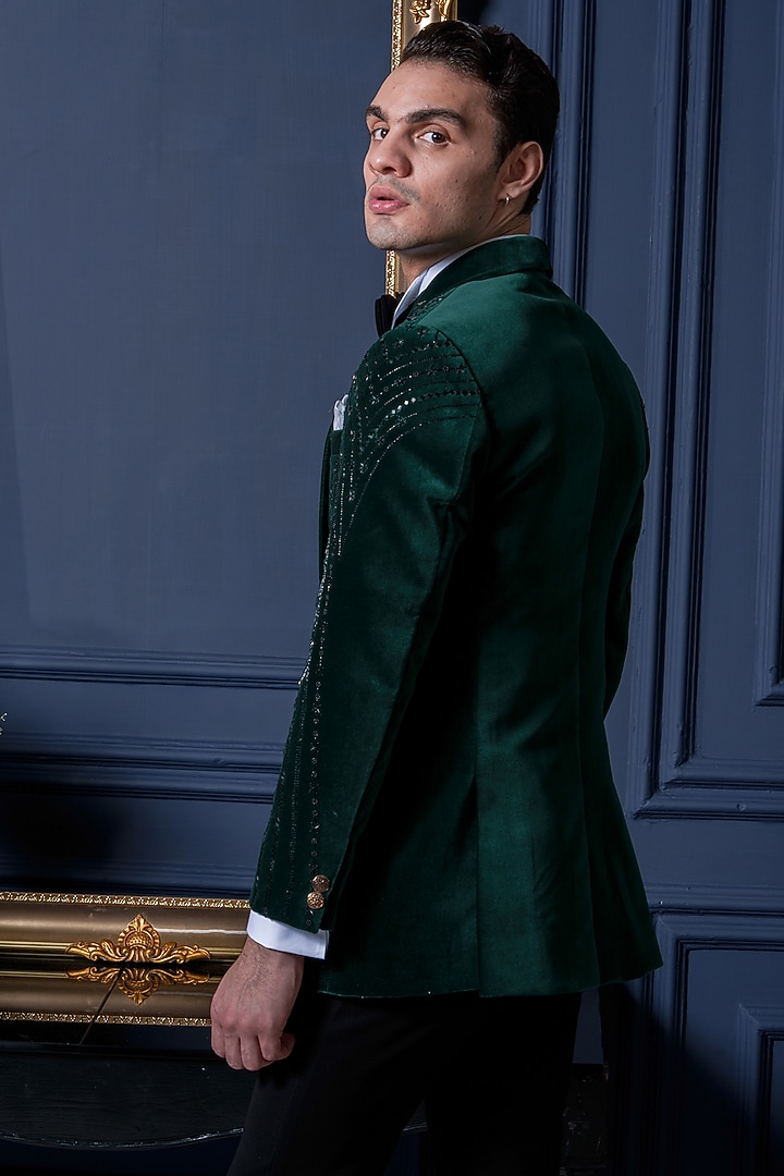 Emerald Green Velvet Bead Work Tuxedo Set by Amrit Dawani at Pernia's Pop Up Shop